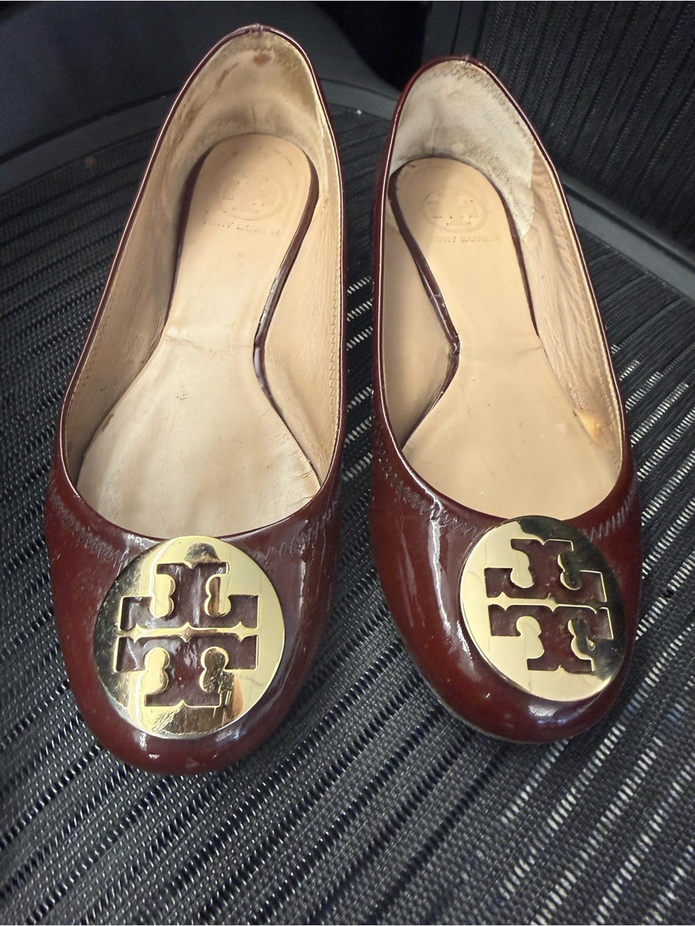 Tory Burch Burgundy Patent Leather Logo Ballet Flats